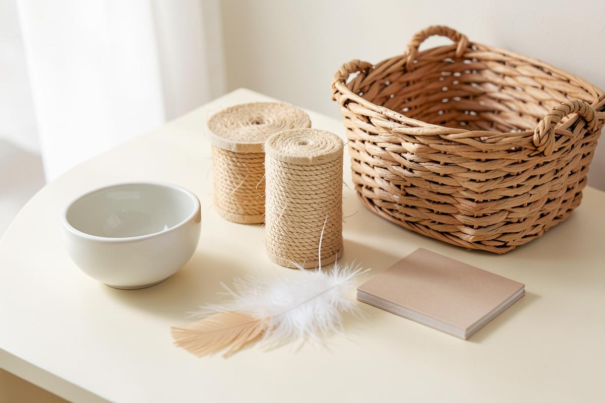 Cat bowls, a basket bed and grooming supplies on a table