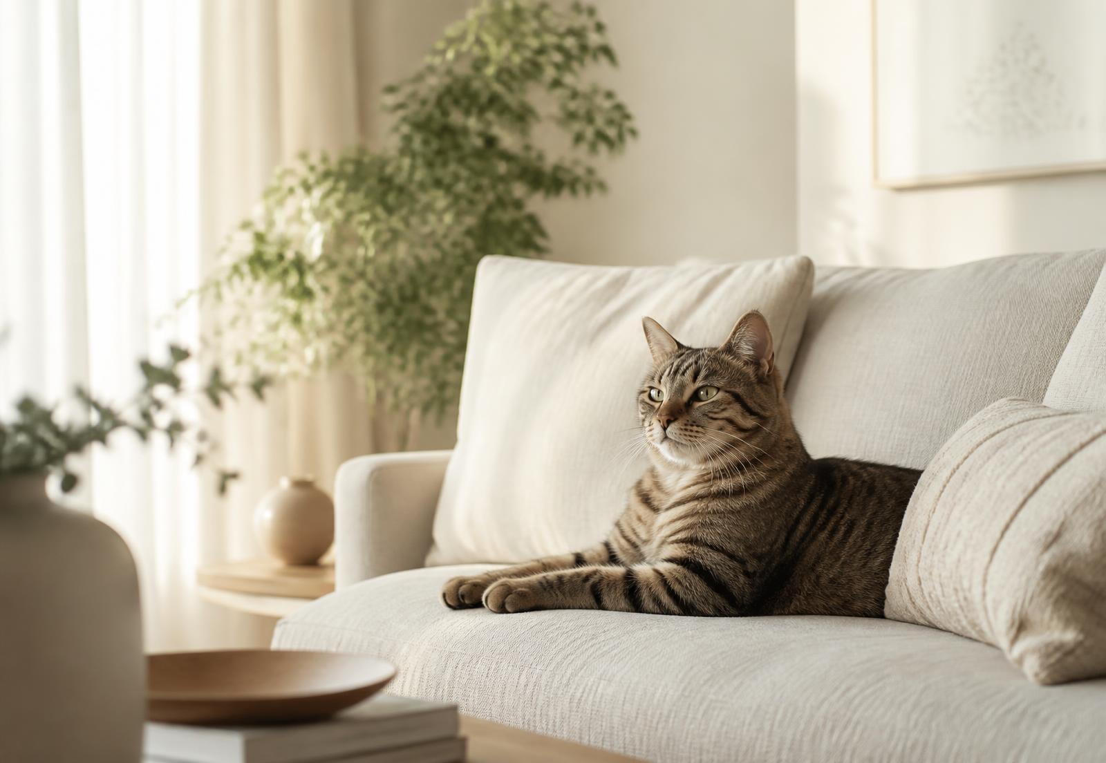 A relaxed tabby cat lying on a sofa in a bright, calm living room